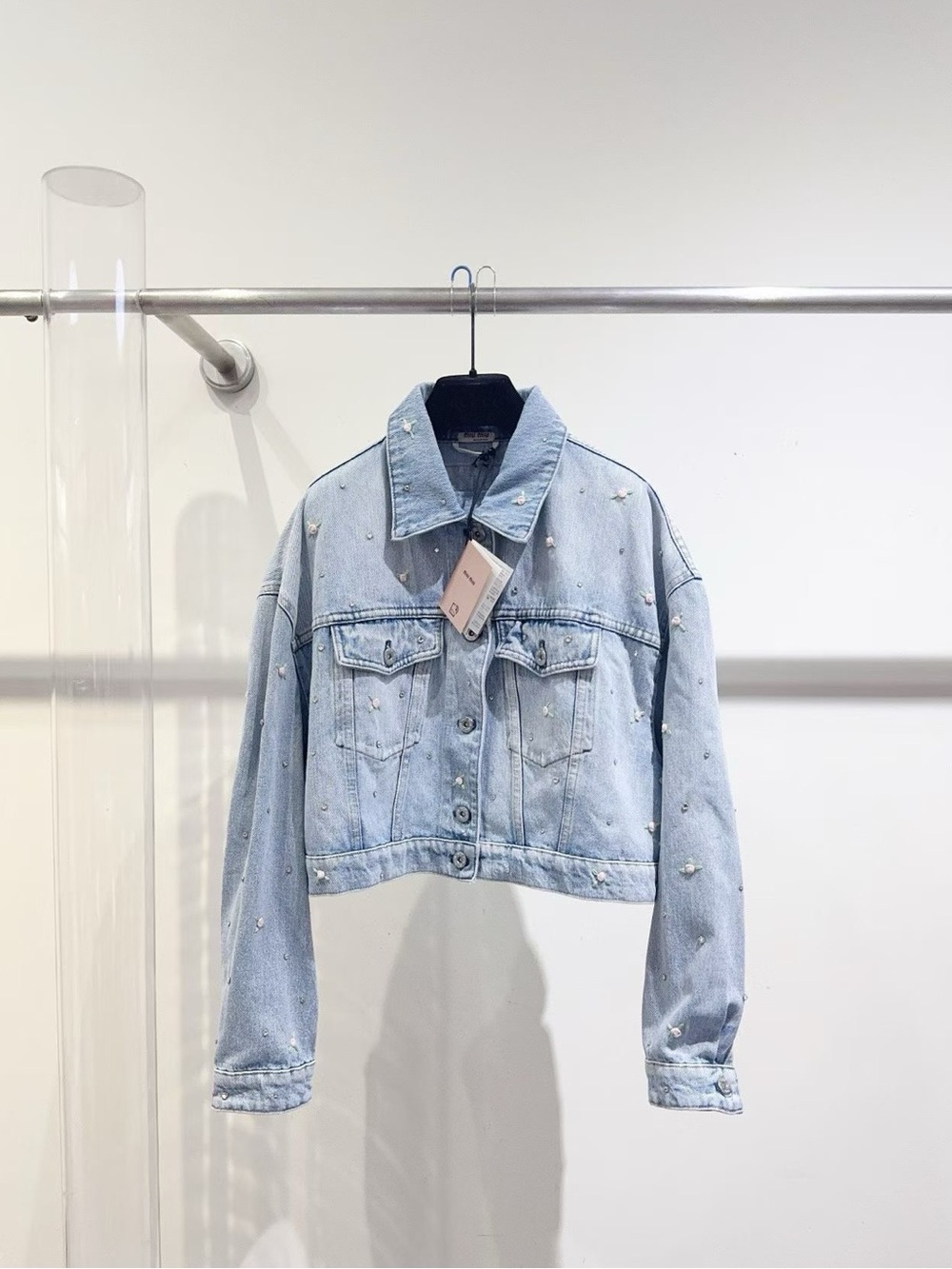 Miu Miu Light Blue Embellished Cropped Denim Jacket